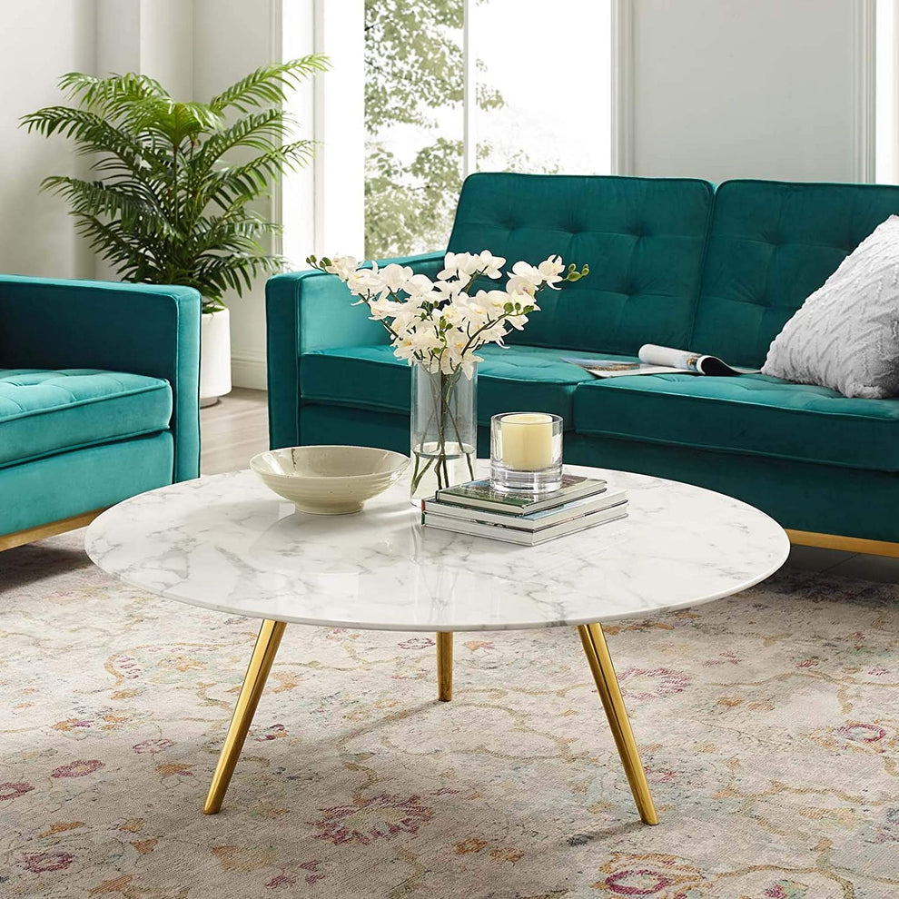 Modway Lippa 40" Round Artificial Marble Coffee Table with Tripod Base in Gold White - EEI-3672 | Coffee Tables | Modishstore - 3