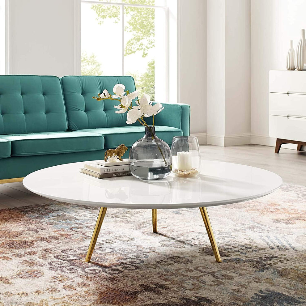 Modway Lippa 47" Round Wood Top Coffee Table with Tripod Base in Gold White - EEI-3671 | Coffee Tables | Modishstore - 3