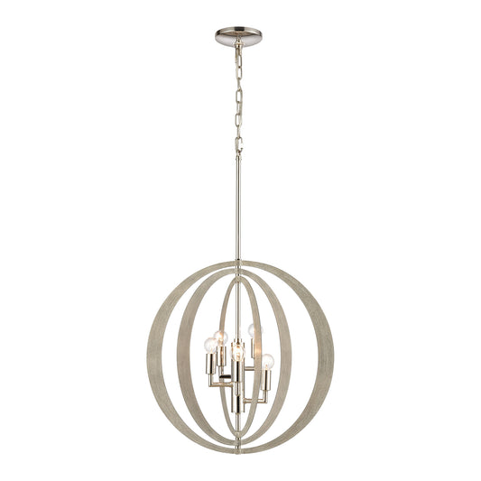 Retro Rings 5-Light chandelier in Sandy Beechwood / Polished Nickel ELK Lighting | Chandeliers | Modishstore