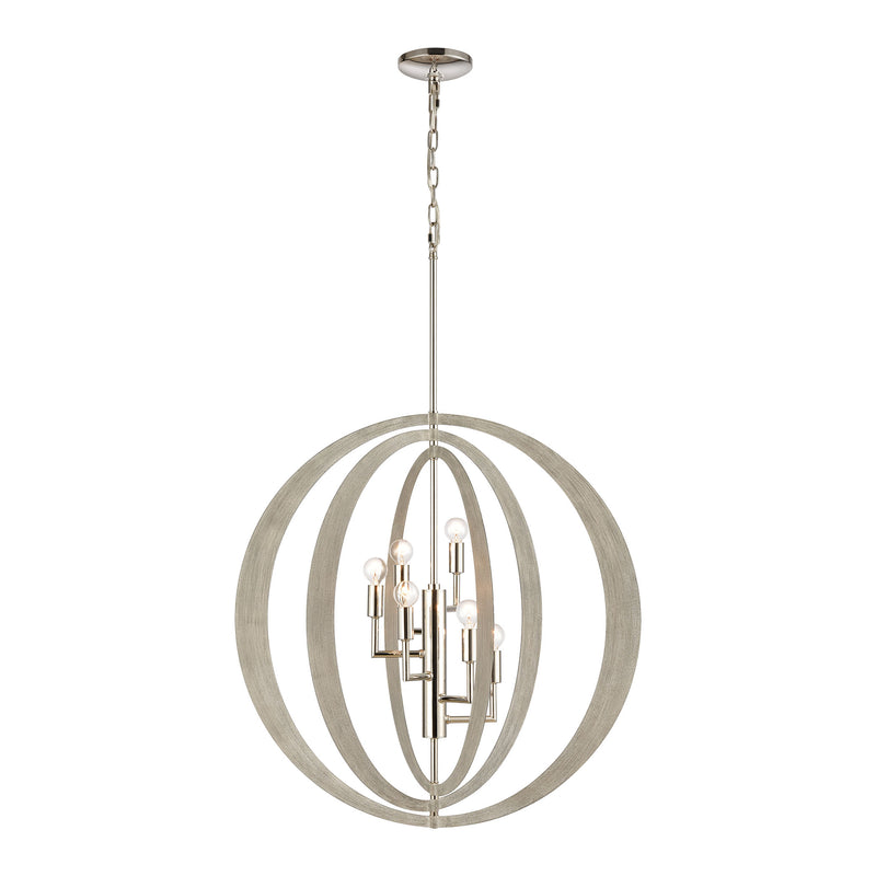 Retro Rings 6-Light chandelier in Sandy Beechwood / Polished Nickel ELK Lighting | Chandeliers | Modishstore