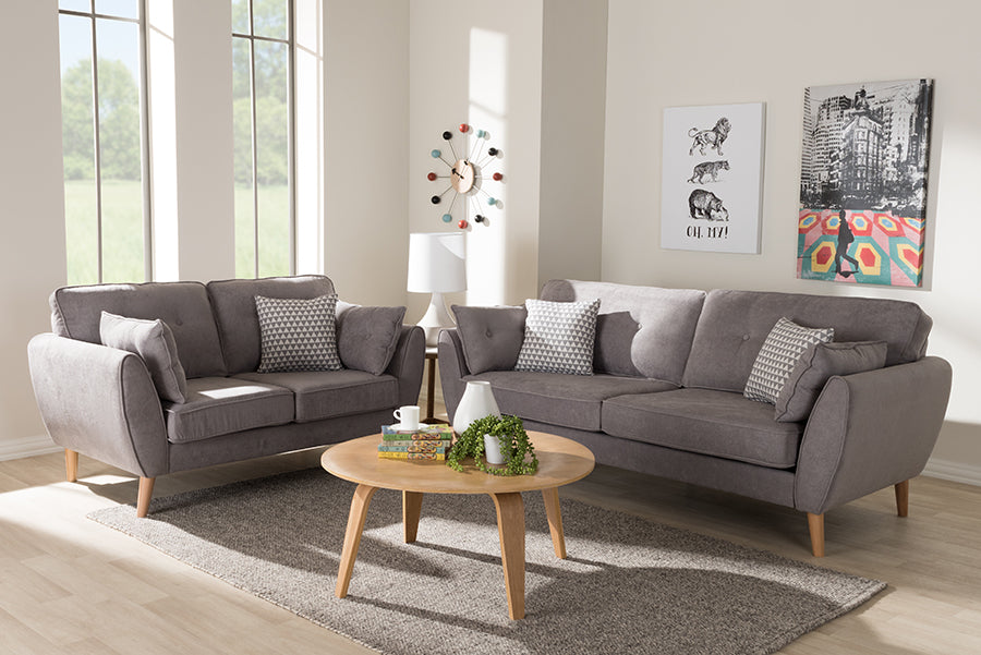Baxton Studio Miranda Mid-Century Modern Light Grey Fabric Upholstered 2-Piece Living Room Set | Sofas | Modishstore - 2