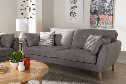 Baxton Studio Miranda Mid-Century Modern Light Grey Fabric Upholstered Sofa | Modishstore | Sofas