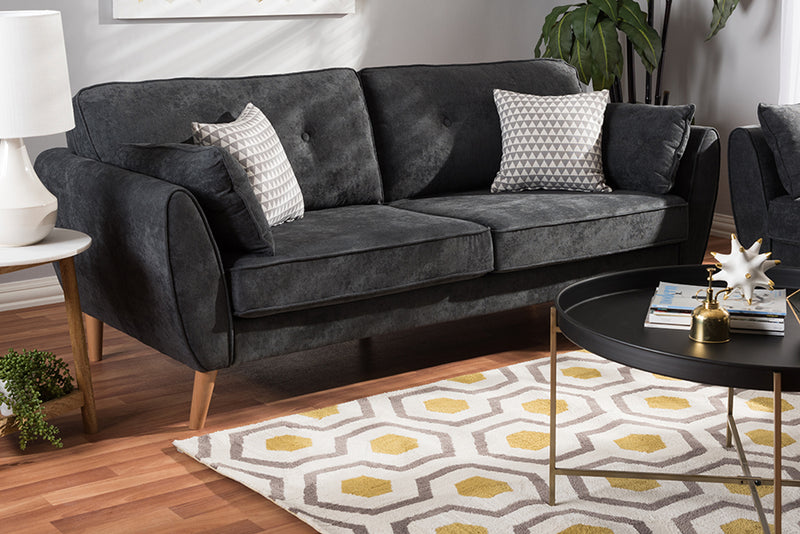 Baxton Studio Miranda Mid-Century Modern Dark Grey Fabric Upholstered Sofa | Modishstore | Sofas