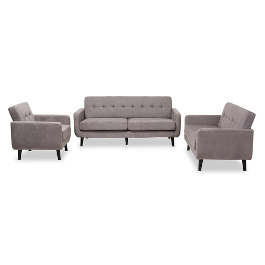 Baxton Studio Carina Mid-Century Modern Light Grey Fabric Upholstered 3-Piece Living Room Set | Sofas | Modishstore