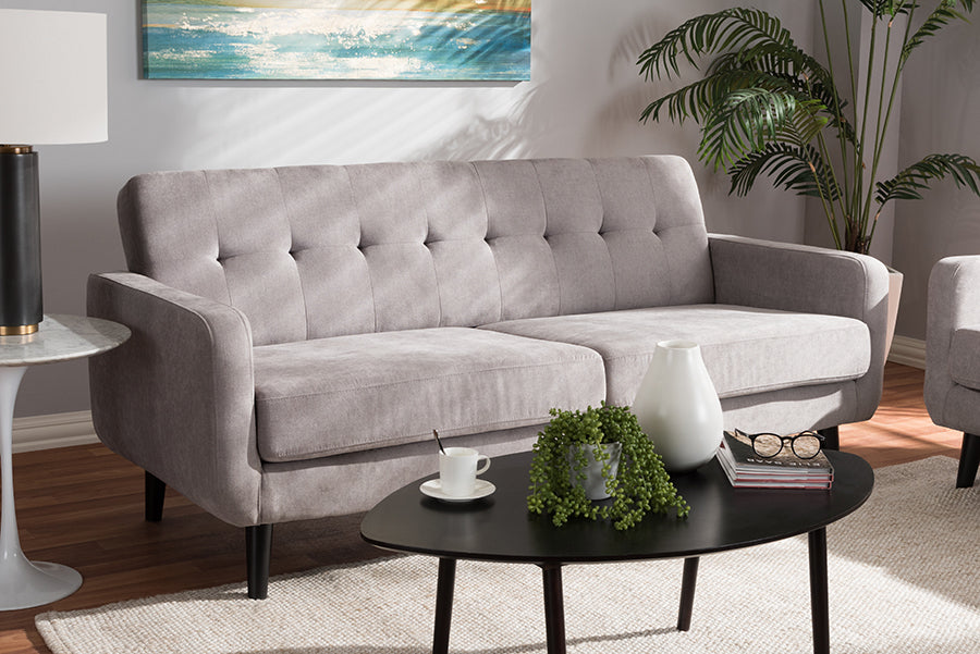Baxton Studio Carina Mid-Century Modern Light Grey Fabric Upholstered Sofa | Modishstore | Sofas