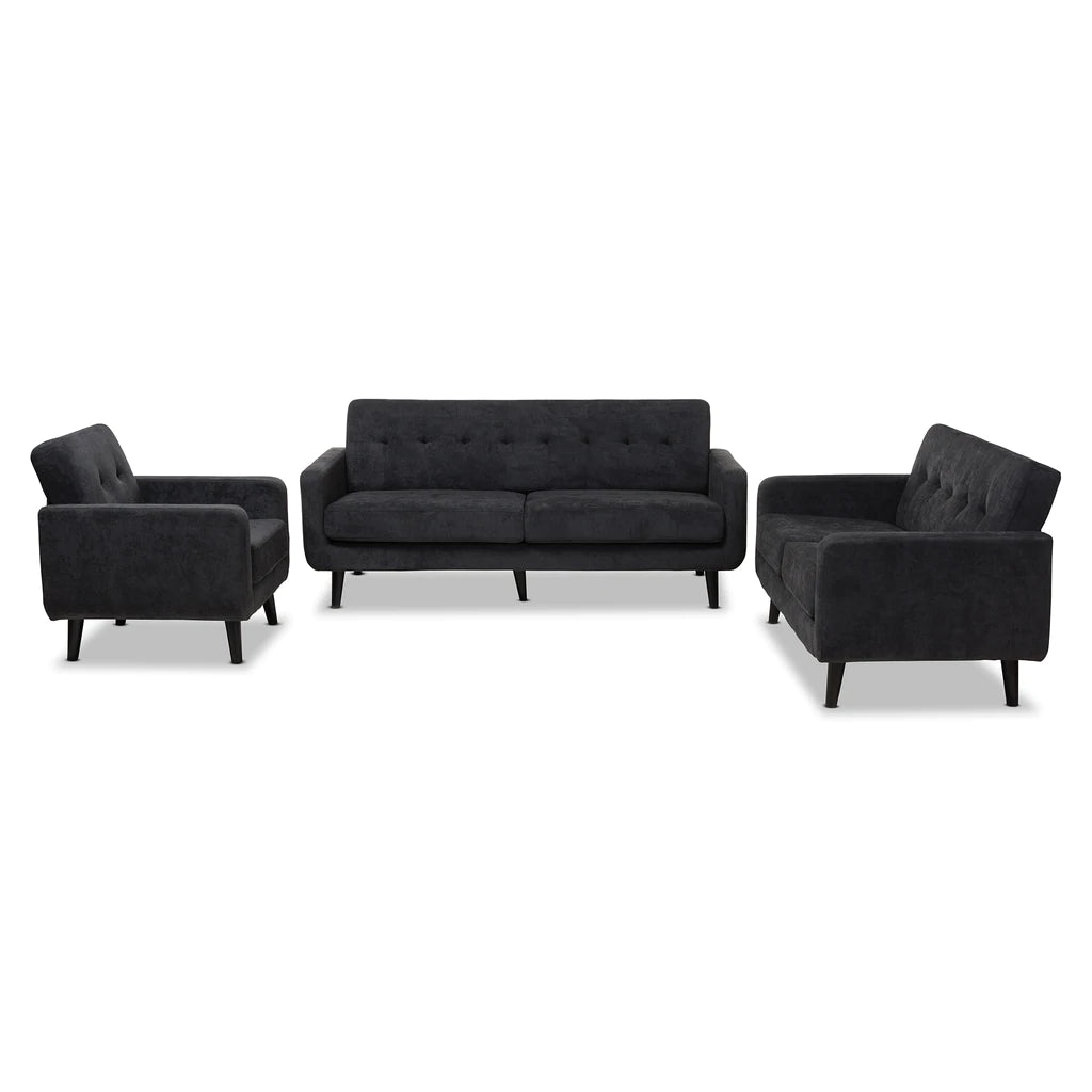 Baxton Studio Carina Mid-Century Modern Dark Grey Fabric Upholstered 3-Piece Living Room Set | Sofas | Modishstore - 3