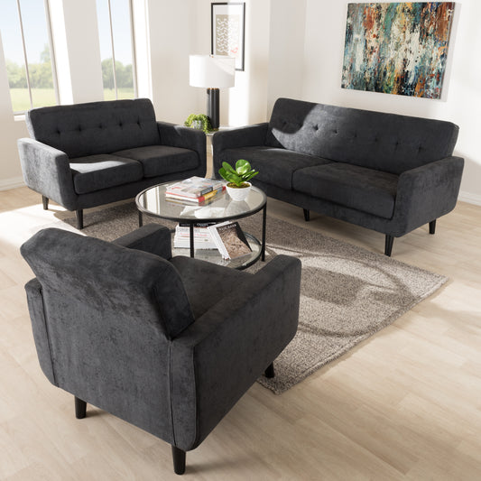 Baxton Studio Carina Mid-Century Modern Dark Grey Fabric Upholstered 3-Piece Living Room Set | Sofas | Modishstore