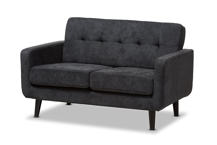 baxton studio carina mid century modern dark grey fabric upholstered loveseat | Modish Furniture Store-2