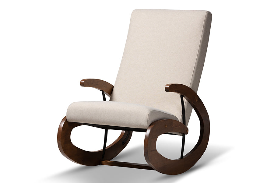 baxton studio kaira modern and contemporary light beige fabric upholstered and walnut finished wood rocking chair | Modish Furniture Store-2