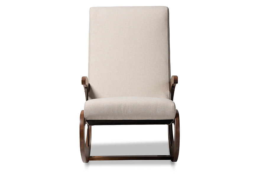 baxton studio kaira modern and contemporary light beige fabric upholstered and walnut finished wood rocking chair | Modish Furniture Store-3
