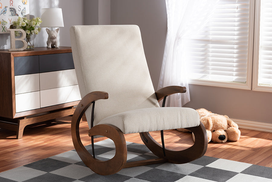 Baxton Studio Kaira Modern and Contemporary Light Beige Fabric Upholstered and Walnut-Finished Wood Rocking Chair | Modishstore | Rocking Chairs