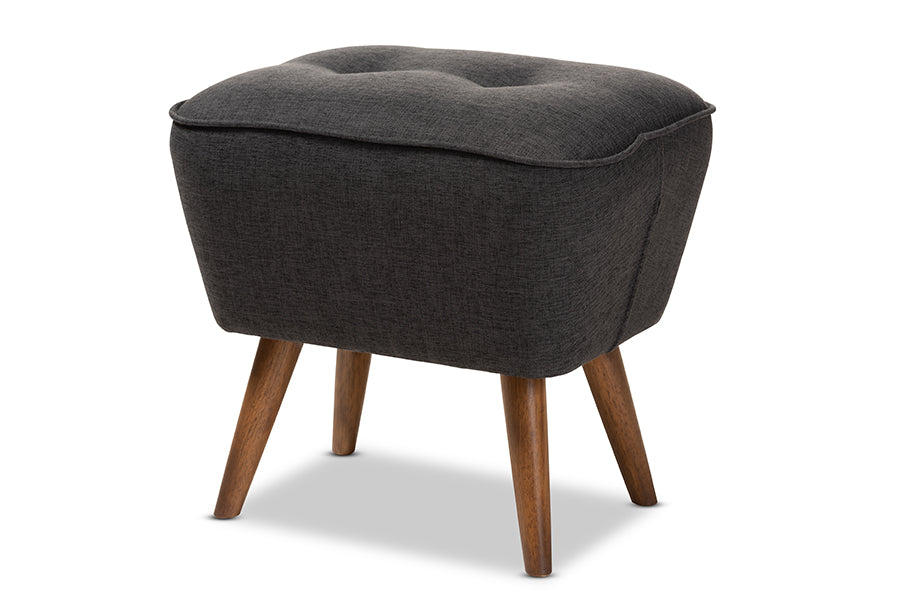 baxton studio petronelle mid century modern dark grey fabric upholstered walnut brown finished wood ottoman | Modish Furniture Store-2