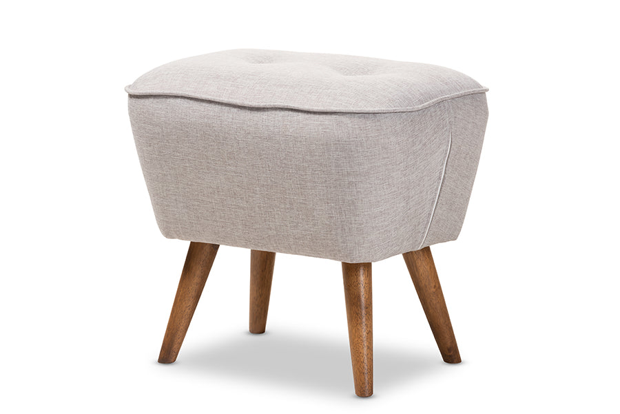 baxton studio petronelle mid century modern greyish beige fabric upholstered walnut brown finished wood ottoman | Modish Furniture Store-2