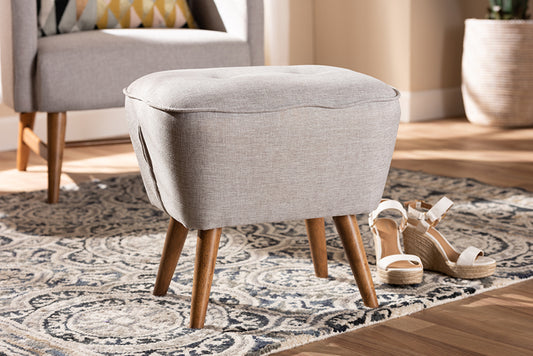 Baxton Studio Petronelle Mid-Century Modern Greyish Beige Fabric Upholstered Walnut Brown Finished Wood Ottoman | Modishstore | Ottomans