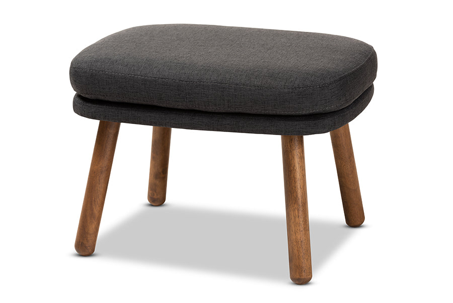 baxton studio lovise mid century modern dark grey fabric upholstered walnut brown finished wood ottoman | Modish Furniture Store-2