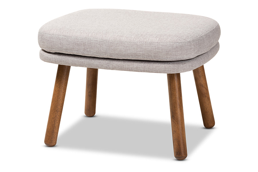 baxton studio lovise mid century modern greyish beige fabric upholstered walnut brown finished wood ottoman | Modish Furniture Store-2
