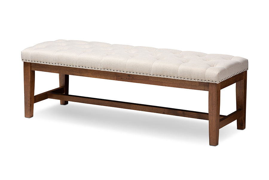 baxton studio ainsley modern and contemporary light beige fabric upholstered walnut finished solid rubberwood bench | Modish Furniture Store-2