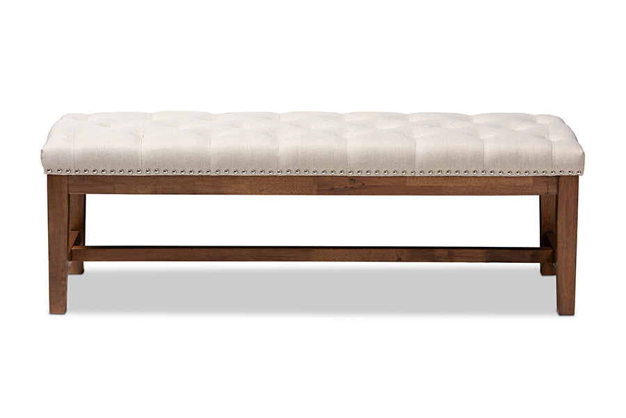 baxton studio ainsley modern and contemporary light beige fabric upholstered walnut finished solid rubberwood bench | Modish Furniture Store-3