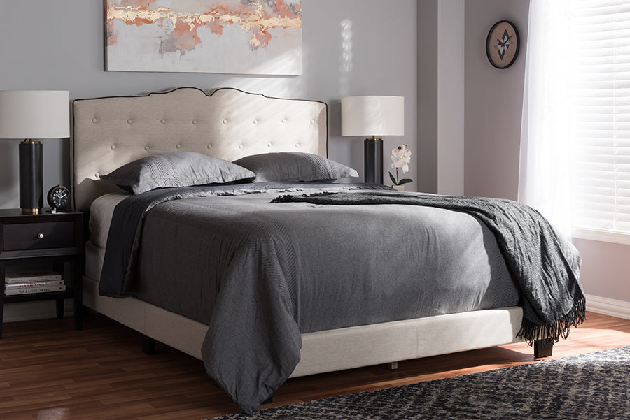 Baxton Studio Vivienne Modern and Contemporary Light Beige Fabric Upholstered King Size Bed | Modishstore | Beds