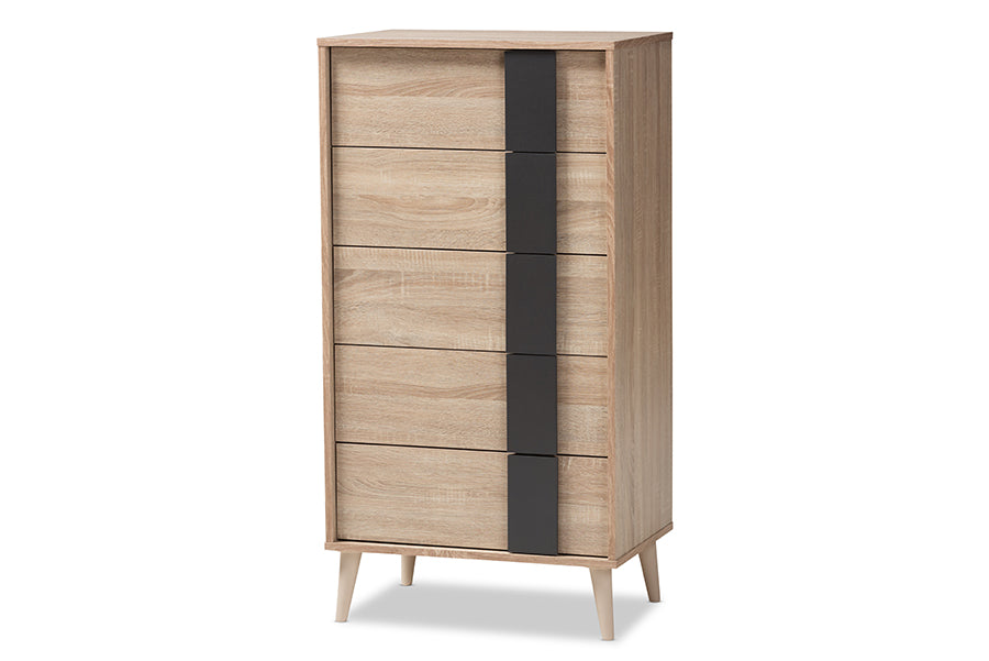 baxton studio lisen mid century modern light oak and grey 5 drawer chest | Modish Furniture Store-2