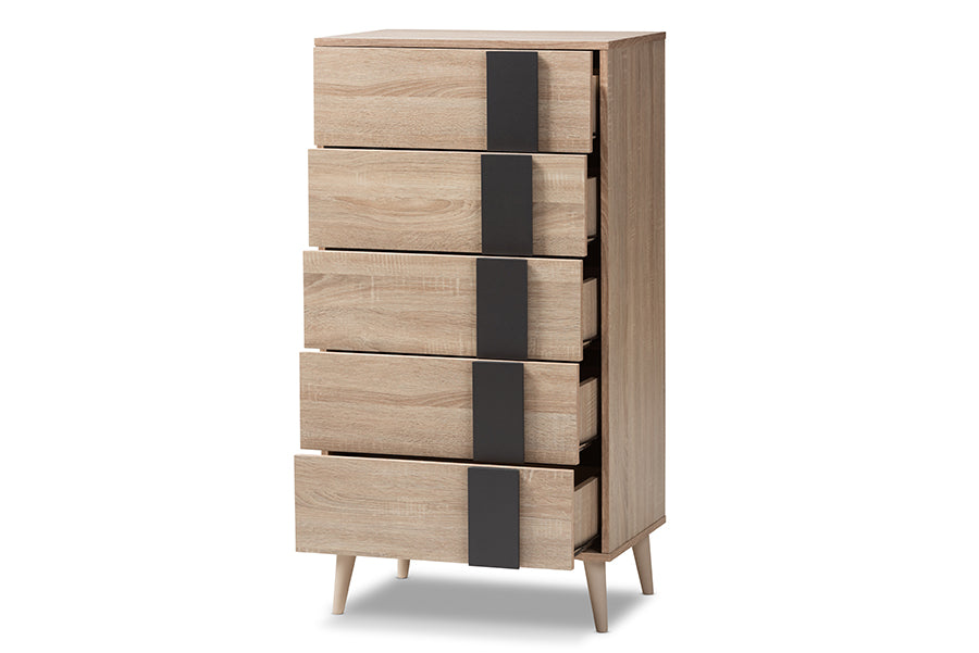 baxton studio lisen mid century modern light oak and grey 5 drawer chest | Modish Furniture Store-3