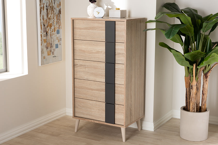 Baxton Studio Lisen Mid-Century Modern Light Oak and Grey 5-Drawer Chest | Modishstore | Drawers