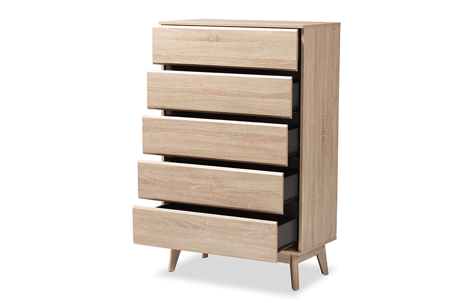 baxton studio miren mid century modern light oak and dark grey 5 drawer chest | Modish Furniture Store-3