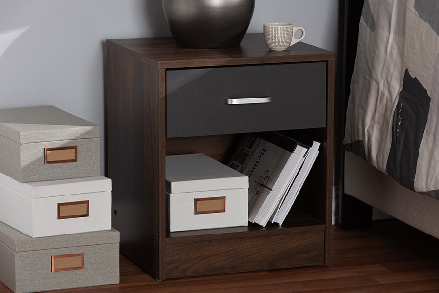 Baxton Studio Hansel Modern and Contemporary 1-Drawer Dark Brown and Dark Grey Finished Nightstand | Modishstore | Nightstands