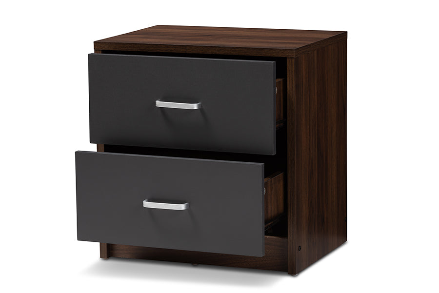 baxton studio hansel modern and contemporary 2 drawer dark brown and dark grey finished nightstand | Modish Furniture Store-3