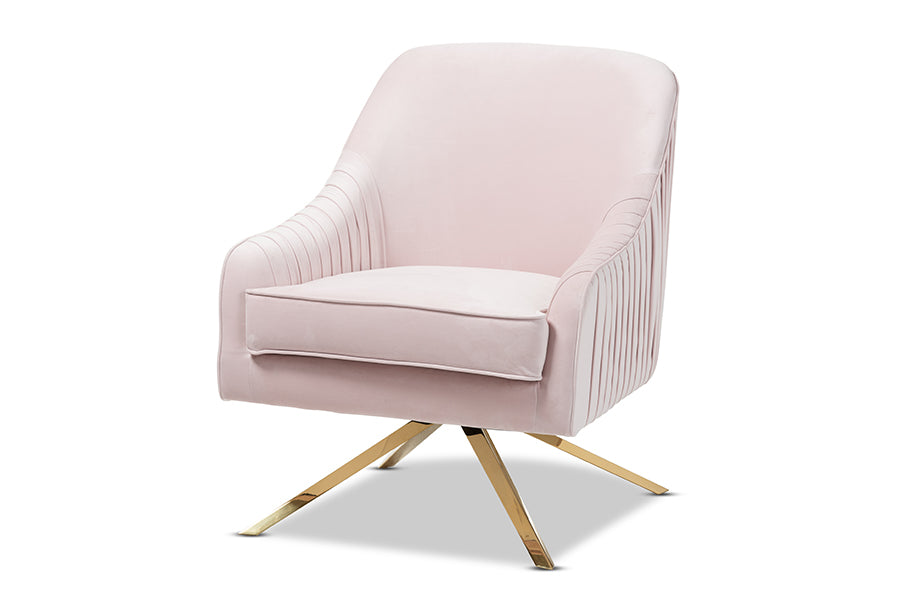 baxton studio amaya luxe and glamour light pink velvet fabric upholstered gold finished base lounge chair | Modish Furniture Store-2
