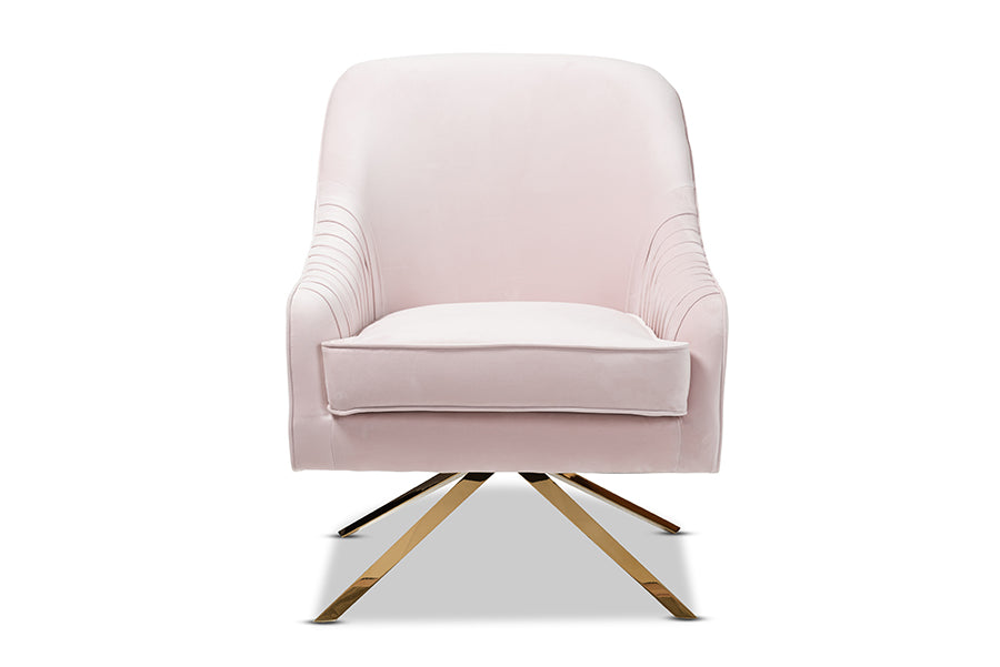 baxton studio amaya luxe and glamour light pink velvet fabric upholstered gold finished base lounge chair | Modish Furniture Store-3