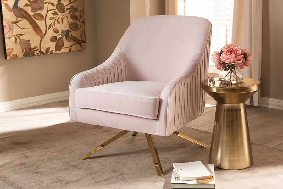 Baxton Studio Amaya Luxe and Glamour Light Pink Velvet Fabric Upholstered Gold Finished Base Lounge Chair | Modishstore | Lounge Chairs