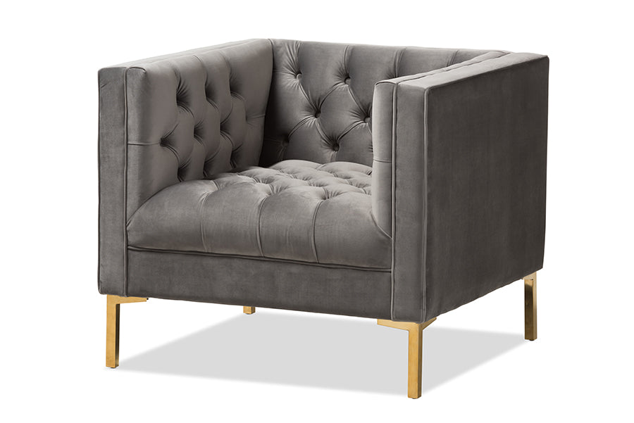 baxton studio zanetta luxe and glamour grey velvet upholstered gold finished lounge chair | Modish Furniture Store-2