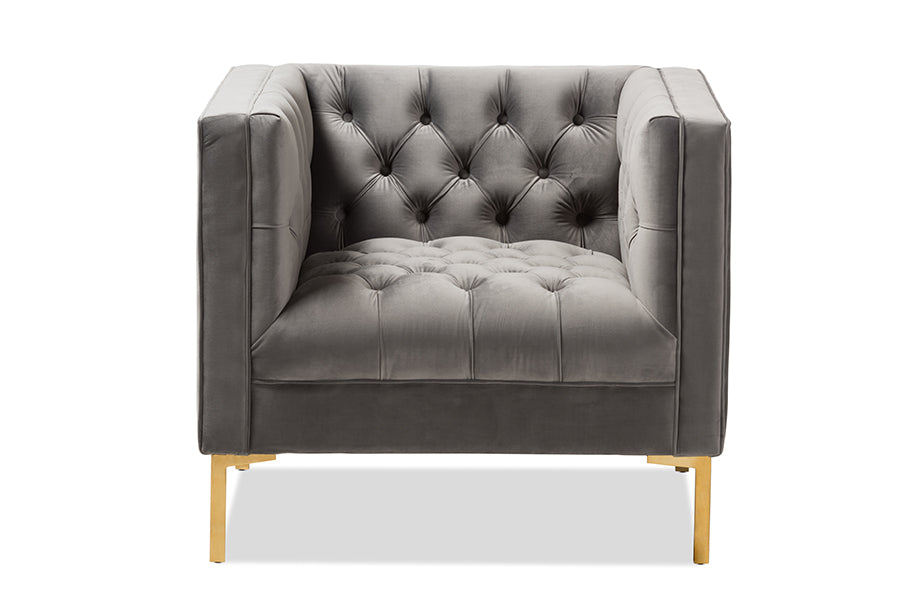 baxton studio zanetta luxe and glamour grey velvet upholstered gold finished lounge chair | Modish Furniture Store-3
