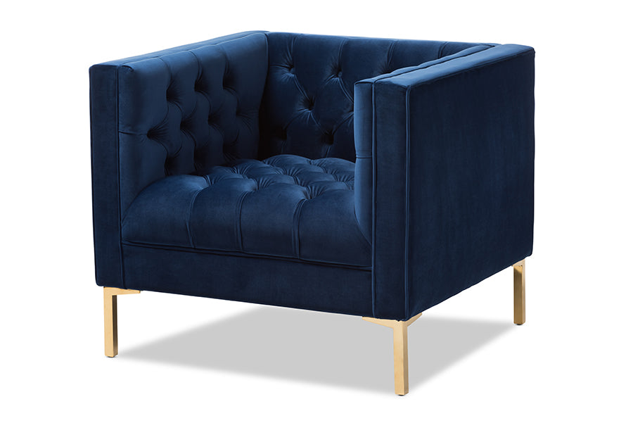 baxton studio zanetta luxe and glamour navy velvet upholstered gold finished lounge chair | Modish Furniture Store-2