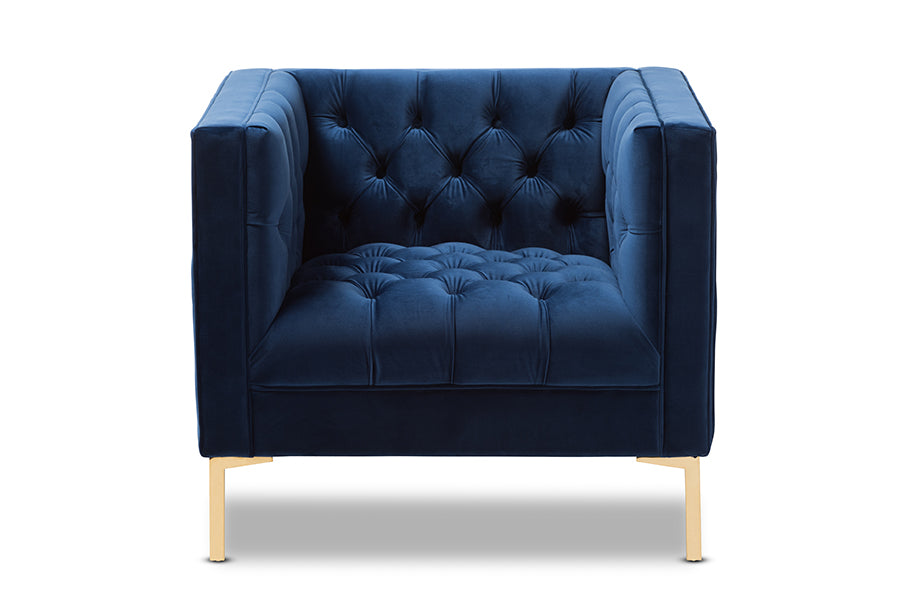 baxton studio zanetta luxe and glamour navy velvet upholstered gold finished lounge chair | Modish Furniture Store-3