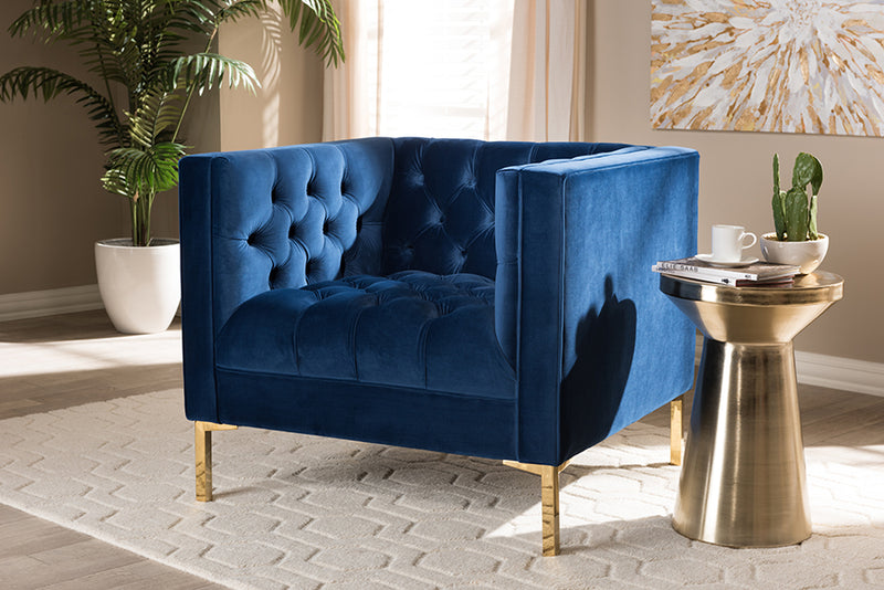 Baxton Studio Zanetta Luxe and Glamour Navy Velvet Upholstered Gold Finished Lounge Chair | Modishstore | Lounge Chairs