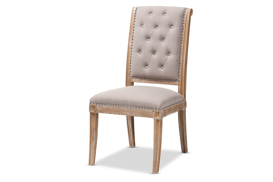 Baxton Studio Charmant French Provincial Beige Fabric Upholstered Weathered Oak Finished Wood Dining Chair | Modishstore | Dining Chairs - 4