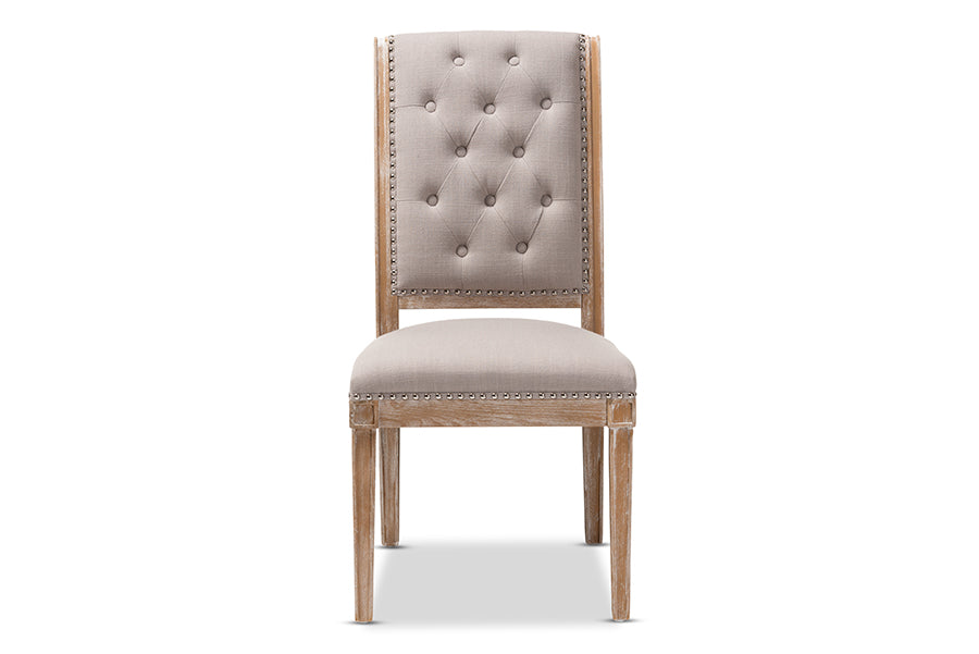 Baxton Studio Charmant French Provincial Beige Fabric Upholstered Weathered Oak Finished Wood Dining Chair | Modishstore | Dining Chairs - 3