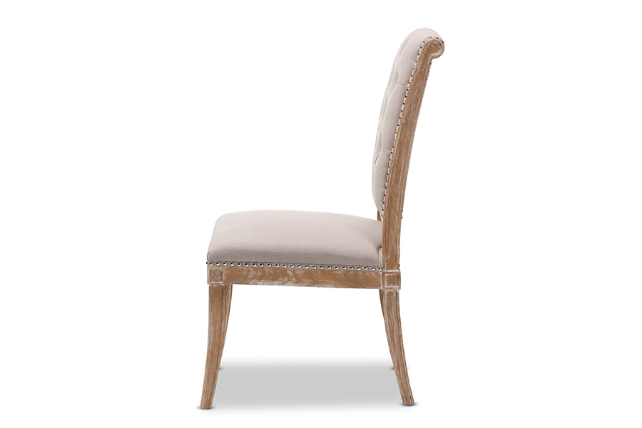 Baxton Studio Charmant French Provincial Beige Fabric Upholstered Weathered Oak Finished Wood Dining Chair | Modishstore | Dining Chairs - 2