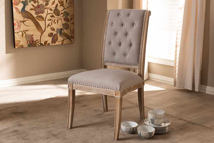 Baxton Studio Charmant French Provincial Beige Fabric Upholstered Weathered Oak Finished Wood Dining Chair | Modishstore | Dining Chairs