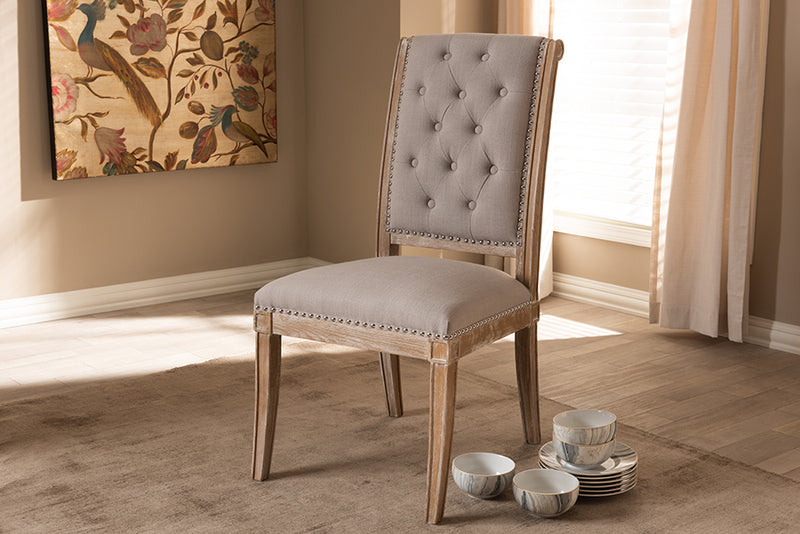 Baxton Studio Charmant French Provincial Beige Fabric Upholstered Weathered Oak Finished Wood Dining Chair | Modishstore | Dining Chairs