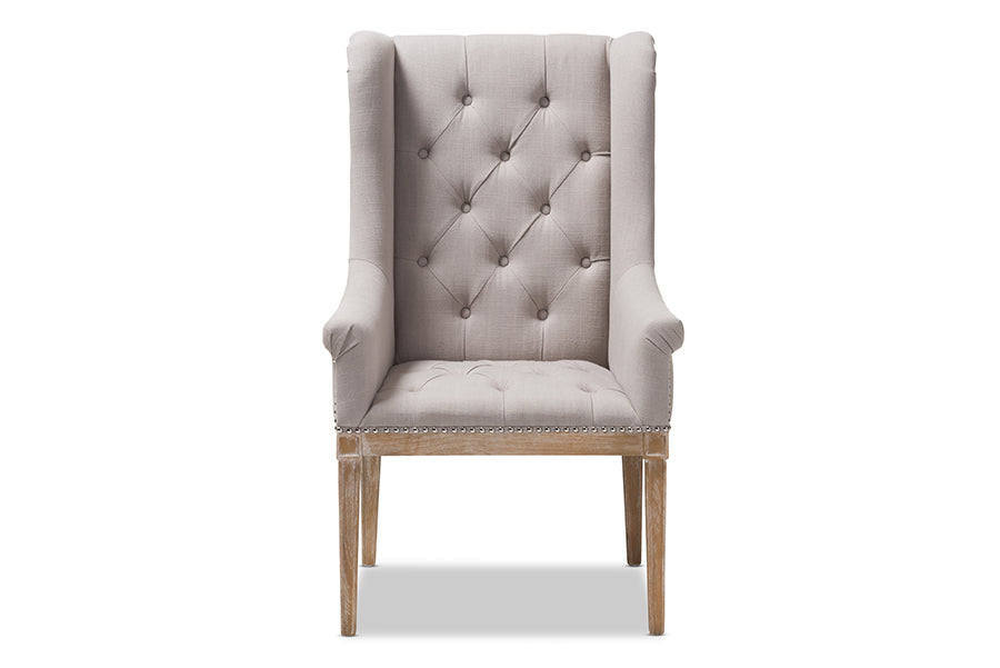 baxton studio cedulie french provincial beige fabric upholstered whitewashed oak lounge chair | Modish Furniture Store-3