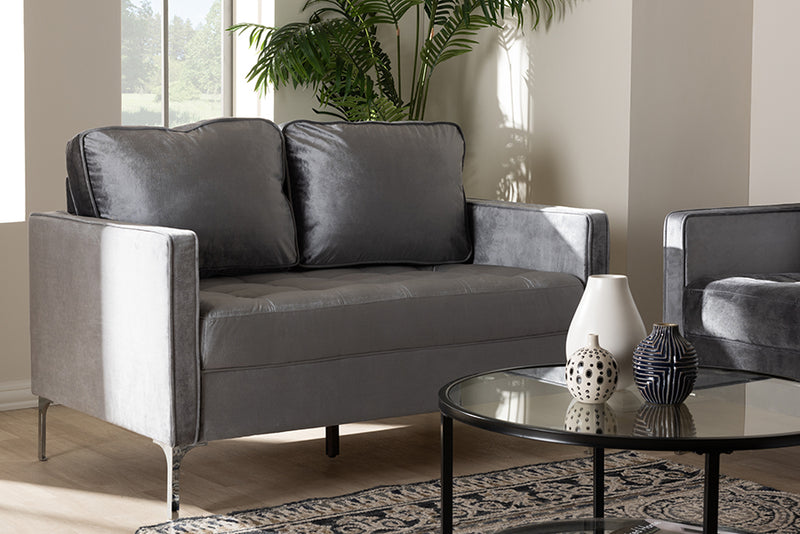 Baxton Studio Clara Modern and Contemporary Grey Velvet Fabric Upholstered 2-Seater Loveseat | Modishstore | Sofas