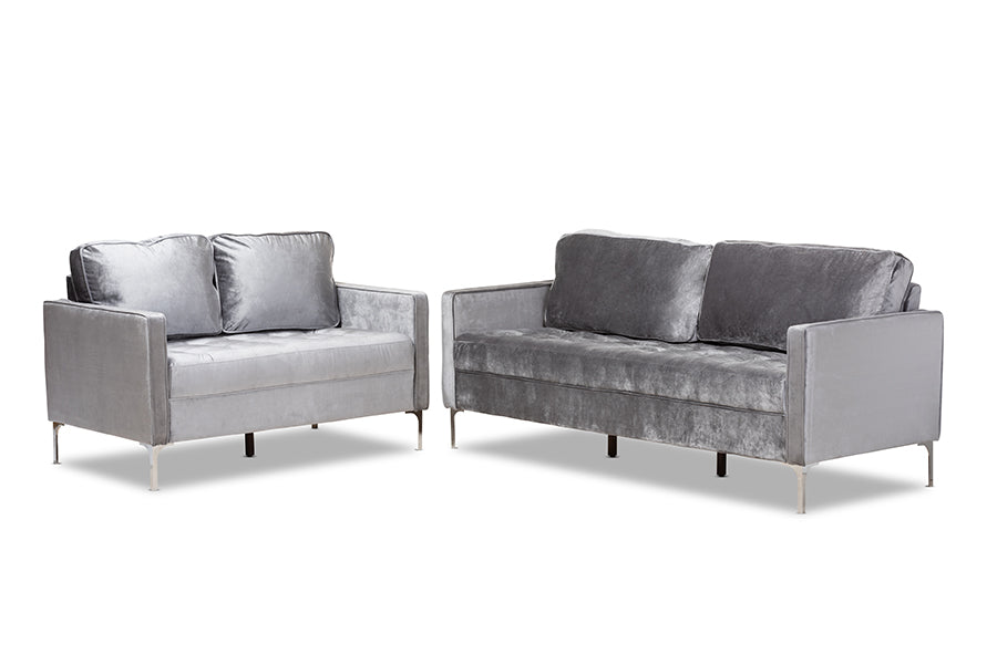 baxton studio clara modern and contemporary grey velvet fabric upholstered 2 piece living room set | Modish Furniture Store-2