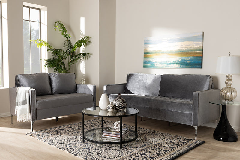 Baxton Studio Clara Modern and Contemporary Grey Velvet Fabric Upholstered 2-Piece Living Room Set | Modishstore | Loveseats