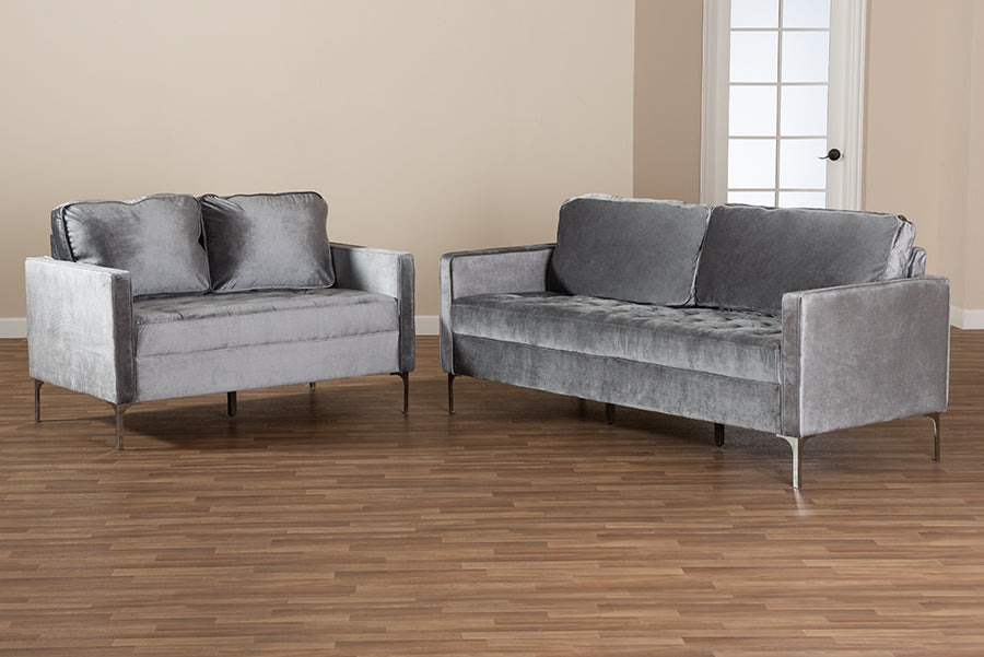 baxton studio clara modern and contemporary grey velvet fabric upholstered 2 piece living room set | Modish Furniture Store-4