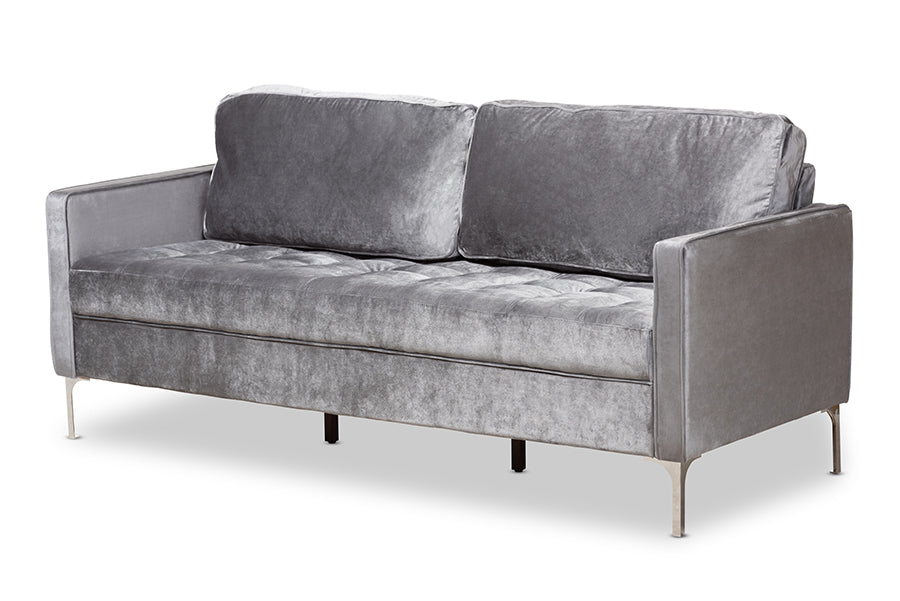 baxton studio clara modern and contemporary grey velvet fabric upholstered 3 seater sofa | Modish Furniture Store-2
