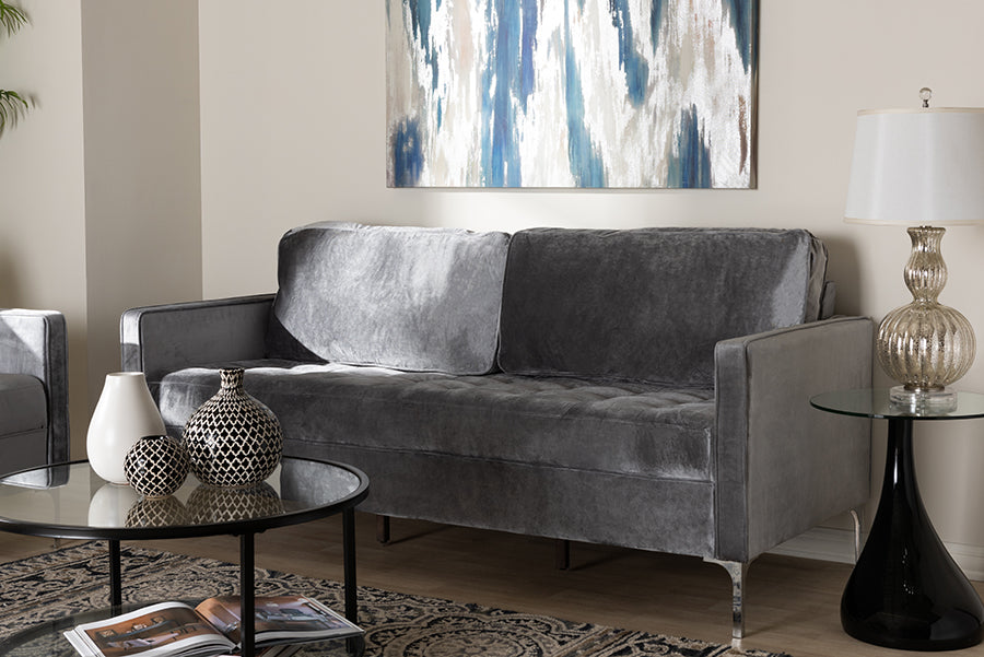 Baxton Studio Clara Modern and Contemporary Grey Velvet Fabric Upholstered 3-Seater Sofa | Modishstore | Sofas