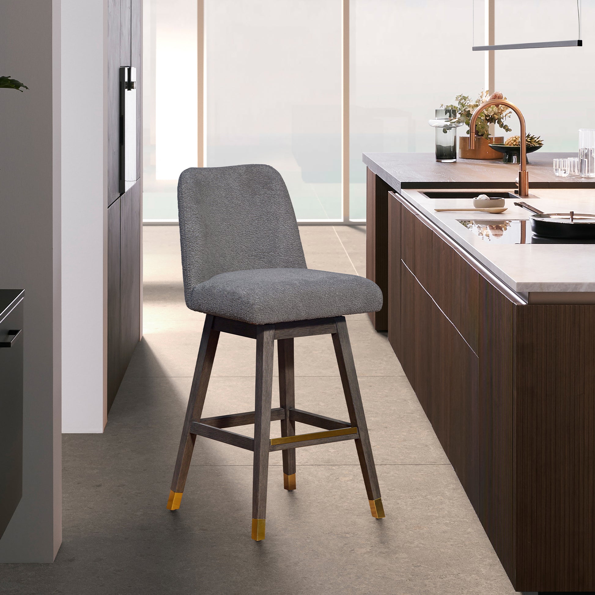Amalie Swivel Counter Stool in Grey Oak Wood Finish with Grey Boucle Fabric By Armen Living | Counter Stools | Modishstore